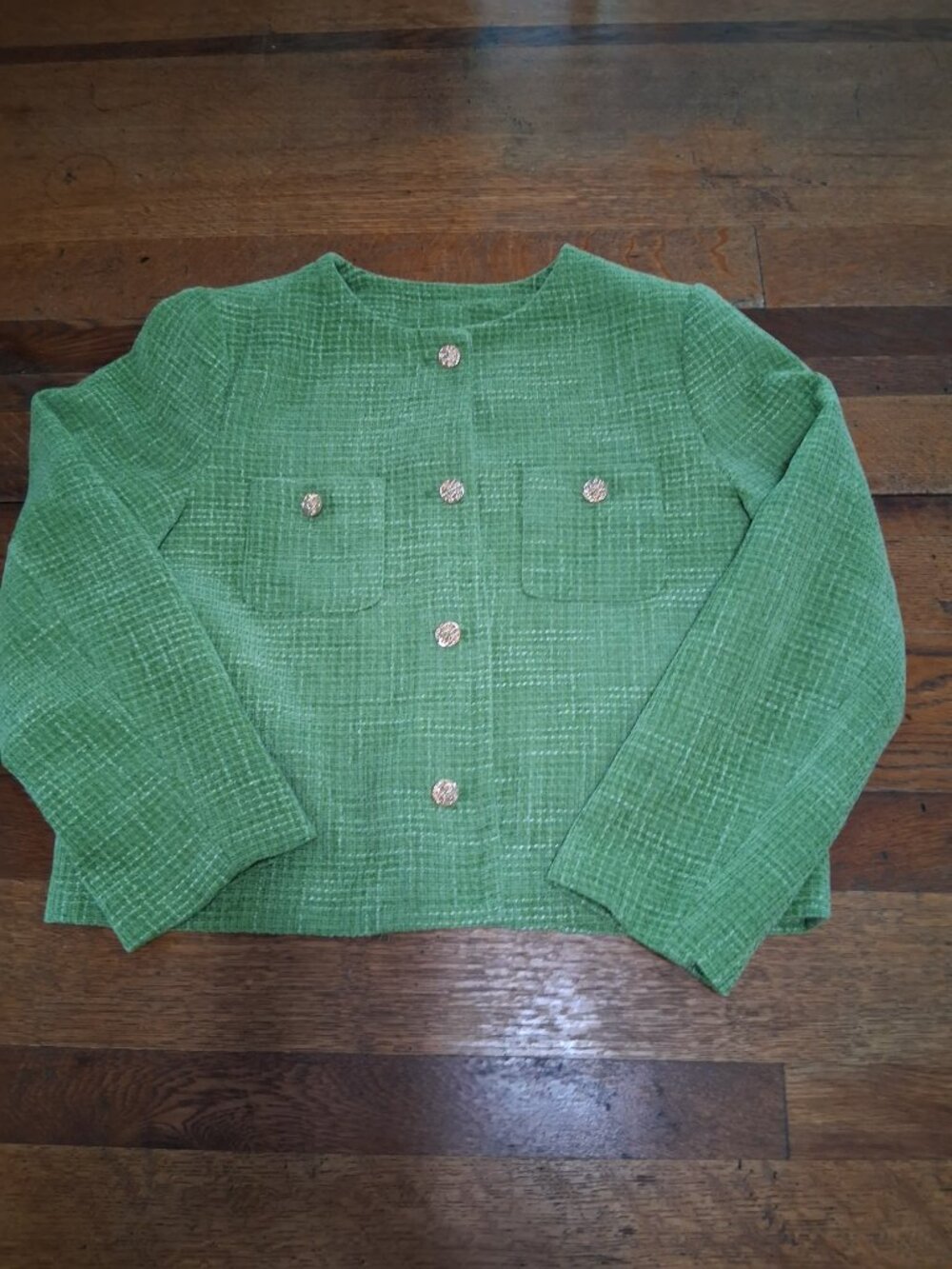 Cropped Green Tweed Jacket Women Large Textured Woven Blazer Gold Crest Buttons